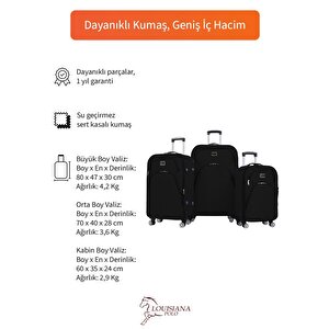 3'lü Valiz Seti 4 Teker Kumaş Valiz Siyah 1081