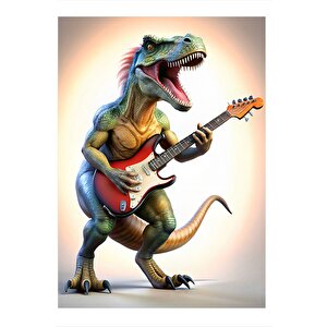 Elektro Gitar Çalan Dinazor Desenli Ahşap Tablo 35cm X50cm 35x50 cm