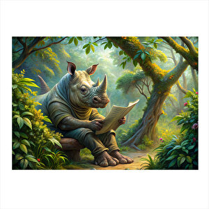 Kitap Okuyan Gergedan Model Ahşap Tablo 35cm X50cm 35x50 cm