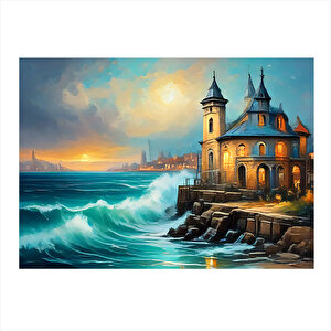 Retro Ev Ve Kıyıya Vuran Dalgalar Art Mdf Tablo 35cm X50cm 35x50 cm