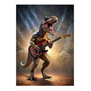 Elektro Gitar Çalan Dinazor Tasarım Ahşap Tablo 25cmx 35cm 25x35 cm