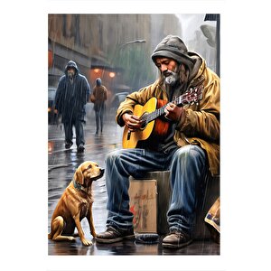 Sokakta Gitar Çalan Adam Ve Köpeği Hediyelik Mdf Tablo 35cm X50cm 35x50 cm
