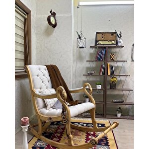 Vintage Kuğu Naturel Krem El Oyması Ahşap Sallanan Sandalye Dinlenme Koltuğu Berjer Krem