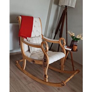 Vintage Kuğu Naturel Krem El Oyması Ahşap Sallanan Sandalye Dinlenme Koltuğu Berjer Krem