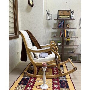 Vintage Kuğu Naturel Krem El Oyması Ahşap Sallanan Sandalye Dinlenme Koltuğu Berjer Krem