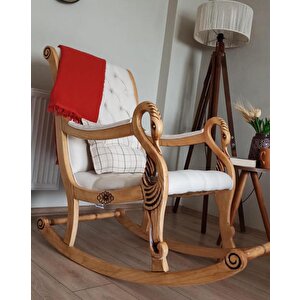 Vintage Kuğu Naturel Krem El Oyması Ahşap Sallanan Sandalye Dinlenme Koltuğu Berjer
