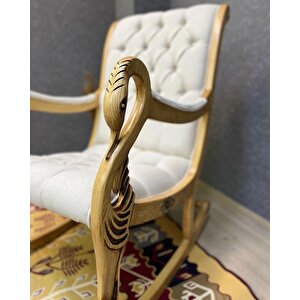 Vintage Kuğu Naturel Krem El Oyması Ahşap Sallanan Sandalye Dinlenme Koltuğu Berjer