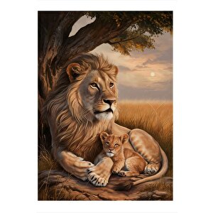 Erkek Aslan Ve Yavrusu Dekoratif Mdf Tablo 25cmx 35cm 25x35 cm