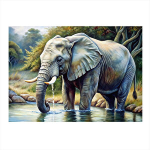 Su İçen Fil Model Ahşap Tablo 25cmx 35cm 25x35 cm