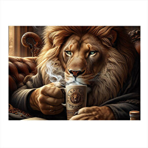 Kahve İçen Karizmatik Aslan Modern Ahşap Tablo 25cmx 35cm 25x35 cm