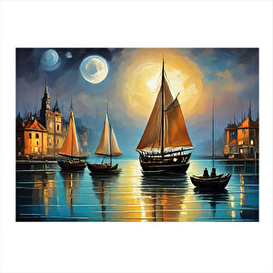Retro Tekneler Ve Evler  Desenli Ahşap Tablo 35cm X50cm 35x50 cm