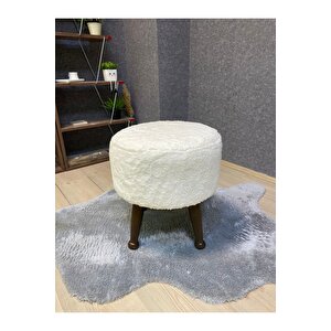 Asedia Miskin Ceviz Teddy Krem Ahşap Ayaklı Peluş Puf Makyaj Koltuğu Yuvarlak Tabure