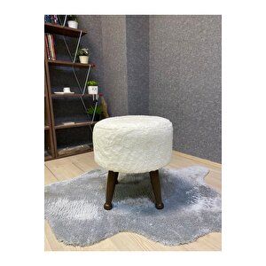 Asedia Miskin Ceviz Teddy Krem Ahşap Ayaklı Peluş Puf Makyaj Koltuğu Yuvarlak Tabure