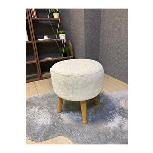 Asedia Miskin Naturel Teddy Krem Ahşap Ayaklı Peluş Puf Makyaj Koltuğu Yuvarlak Tabure