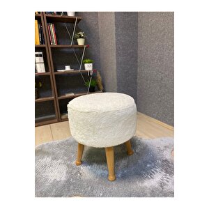 Asedia Miskin Naturel Teddy Krem Ahşap Ayaklı Peluş Puf Makyaj Koltuğu Yuvarlak Tabure