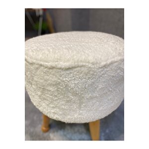 Asedia Miskin Naturel Teddy Krem Ahşap Ayaklı Peluş Puf Makyaj Koltuğu Yuvarlak Tabure