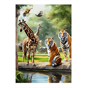 Zürafalar Ve Kaplanlar Hediyelik Ahşap Tablo 35cm X50cm 35x50 cm