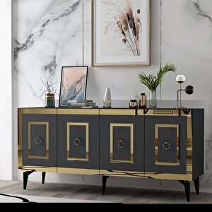 Karrya Konsol Lazer Desenli 4 Kapaklı , Raflı Antrasit-Altın Antrasit Gold