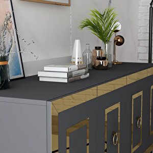 Karrya Konsol Lazer Desenli 4 Kapaklı , Raflı Antrasit-Altın