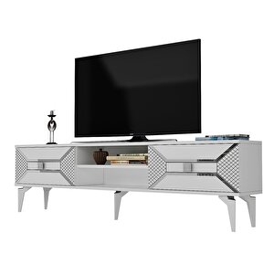 Yummedi̇ Tv Sehpasi Lazer Desenli̇ , Rafli, 2 Kapakli Beyaz-Gümüş