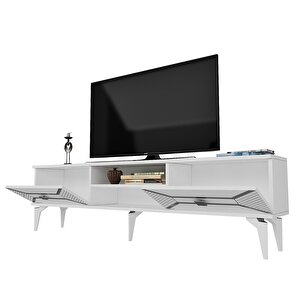 Yummedi̇ Tv Sehpasi Lazer Desenli̇ , Rafli, 2 Kapakli Beyaz-Gümüş