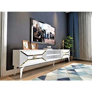 Yummedi̇ Tv Sehpasi Lazer Desenli̇ , Rafli, 2 Kapakli Beyaz-Altın Beyaz-Altın