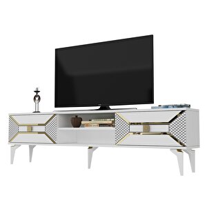 Yummedi̇ Tv Sehpasi Lazer Desenli̇ , Rafli, 2 Kapakli Beyaz-Altın