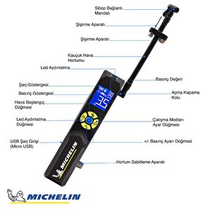 Michelin Mc33382 Şarjlı Li-ion 150 Psi Taşınabilir Dijital Basınç Göstergeli Led Aydınlatmalı Lastik Şişirme Pompası
