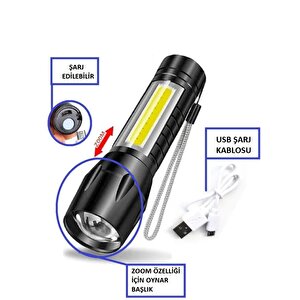 Mini Led Şarjlı El Feneri Kamp Avcılık Feneri Zoom Fener Üç Fonksiyon Fener