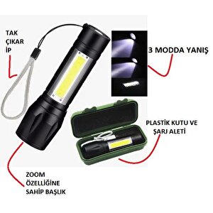 Mini Led Şarjlı El Feneri Kamp Avcılık Feneri Zoom Fener Üç Fonksiyon Fener