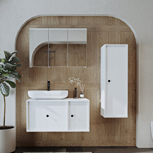 Oval Lavabolu Mat Mdf 90 Cm Çekmeceli Banyo Dolabı + Aynalı Üst Dolabı + Boy Dolabı Atlantik Çam