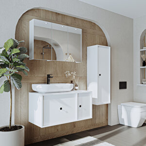 Roomart Oval Lavabolu Mat Mdf 90 Cm Çekmeceli Banyo Dolabı + Aynalı Üst Dolabı + Boy Dolabı