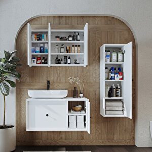 Roomart Oval Lavabolu Mat Mdf 90 Cm Çekmeceli Banyo Dolabı + Aynalı Üst Dolabı + Boy Dolabı