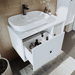 Roomart Oval Lavabolu Mat Mdf 90 Cm Çekmeceli Banyo Dolabı + Aynalı Üst Dolabı + Boy Dolabı