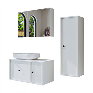 Roomart Oval Lavabolu Mat Mdf 90 Cm Çekmeceli Banyo Dolabı + Aynalı Üst Dolabı + Boy Dolabı