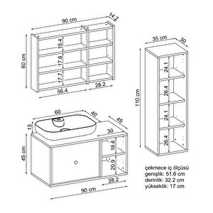 Oval Lavabolu Mat Mdf 90 Cm Çekmeceli Banyo Dolabı + Aynalı Üst Dolabı + Boy Dolabı Atlantik Çam