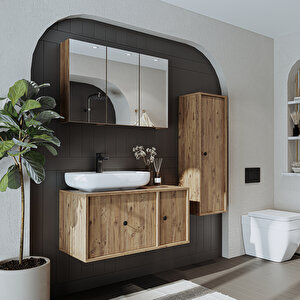 Roomart Oval Lavabolu Mat Mdf 90 Cm Çekmeceli Banyo Dolabı + Aynalı Üst Dolabı + Boy Dolabı