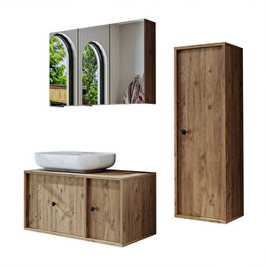 Roomart Oval Lavabolu Mat Mdf 90 Cm Çekmeceli Banyo Dolabı + Aynalı Üst Dolabı + Boy Dolabı
