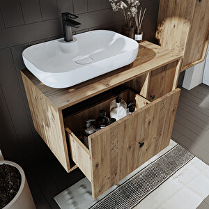 Roomart Oval Lavabolu Mat Mdf 90 Cm Çekmeceli Banyo Dolabı + Aynalı Üst Dolabı