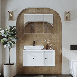 Oval Lavabolu Mat Mdf 90 Cm Çekmeceli Banyo Dolabı + Aynalı Üst Dolabı Beyaz