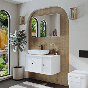 Oval Lavabolu Mat Mdf 90 Cm Çekmeceli Banyo Dolabı + Aynalı Üst Dolabı Beyaz