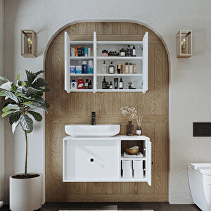 Roomart Oval Lavabolu Mat Mdf 90 Cm Çekmeceli Banyo Dolabı + Aynalı Üst Dolabı