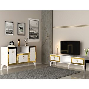 Li̇nda Tv Sehpasi Ve Konsol 2'li̇ Salon Takımı Beyaz-altın Beyaz-Altın