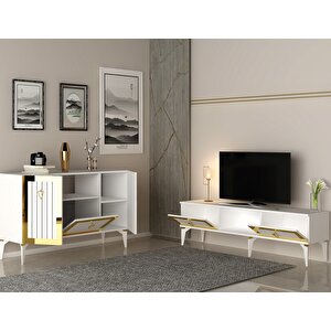 Li̇nda Tv Sehpasi Ve Konsol 2'li̇ Salon Takımı Beyaz-altın Beyaz-Altın
