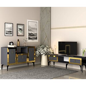 Li̇nda Tv Sehpasi Ve Konsol 2'li̇ Salon Takımı Antrasit-altın Antrasit Gold