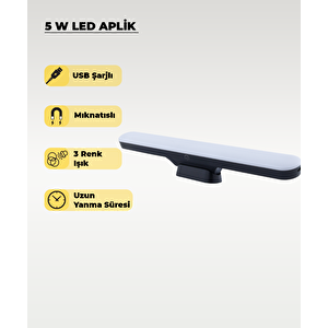 5W Siyah Mıknatıslı USB Şarjlı Led Aplik 3 Renk Işıklı