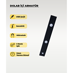 Siyah Sensörlü, Mıknatıslı 3 Işık Renkli Usb Şarjlı Armatür
