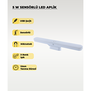 5w Beyaz Sensörlü Mıknatıslı  Usb Şarjlı Led Aplik 3 Renk Işıklı