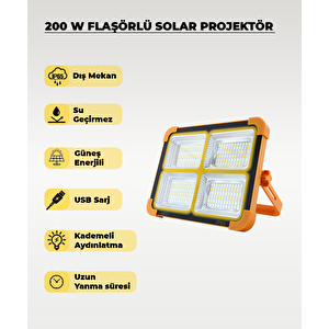 200W Solar Ve Usb Şarjlı Projektör 3 Renk Işık Şarj Göstergeli 5 Kademeli