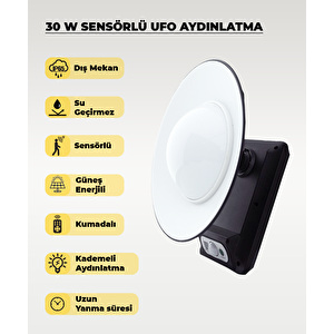 30W Solar Güneş Enerjili Ufo Sensörlü Ve Kumandalı Bahçe Armatürü 6500k Beyaz Işık